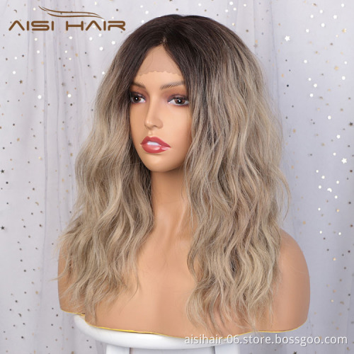 Aisi Hair Medium Long Wavy Ombre Brown Wig 18 Inch Water Wave Swiss Lace Wig Synthetic Front Lace Hair Wigs For Black Women